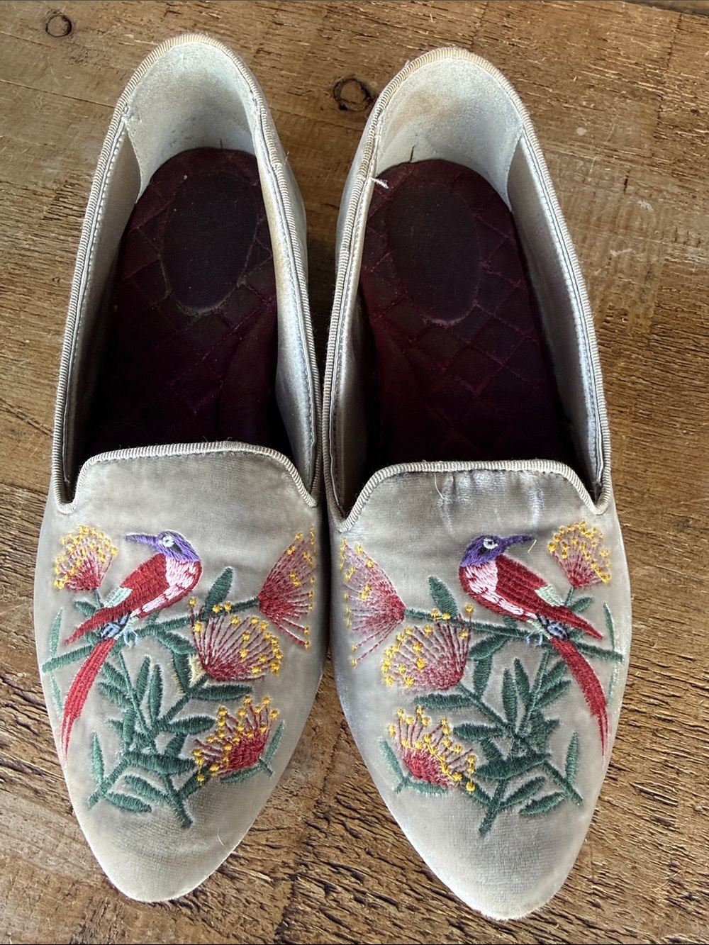 Birdies Embroidered Velvet Slip-On Flats in Light Gray with Bird Motif